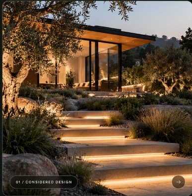 Considered landscape design with illuminated stone stairs