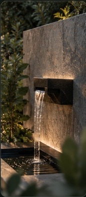 Architectural natural stone water fountain with warm backlighting